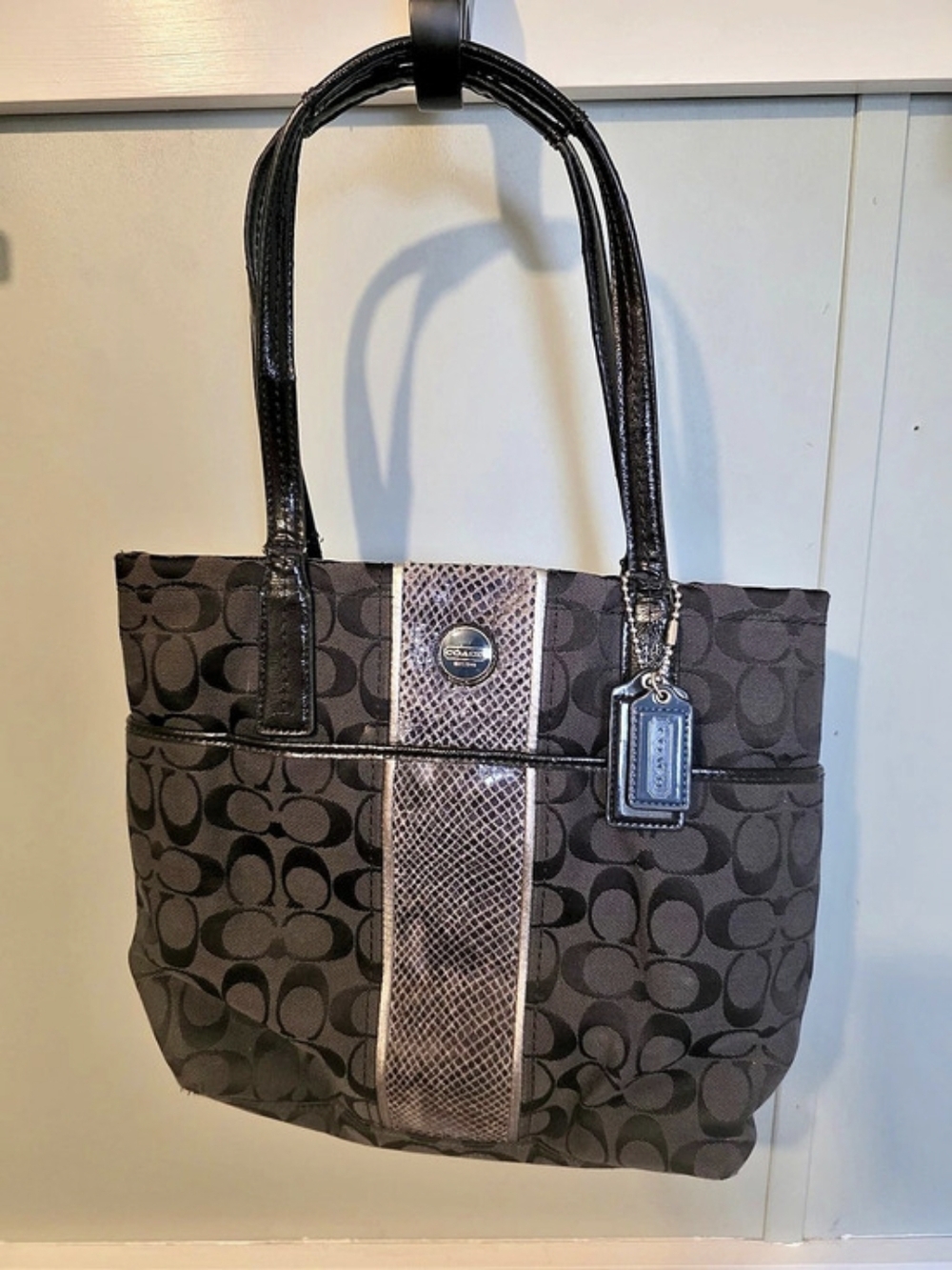 Coach Signature Stripe Python Stripe Tote Brown & Black F29027